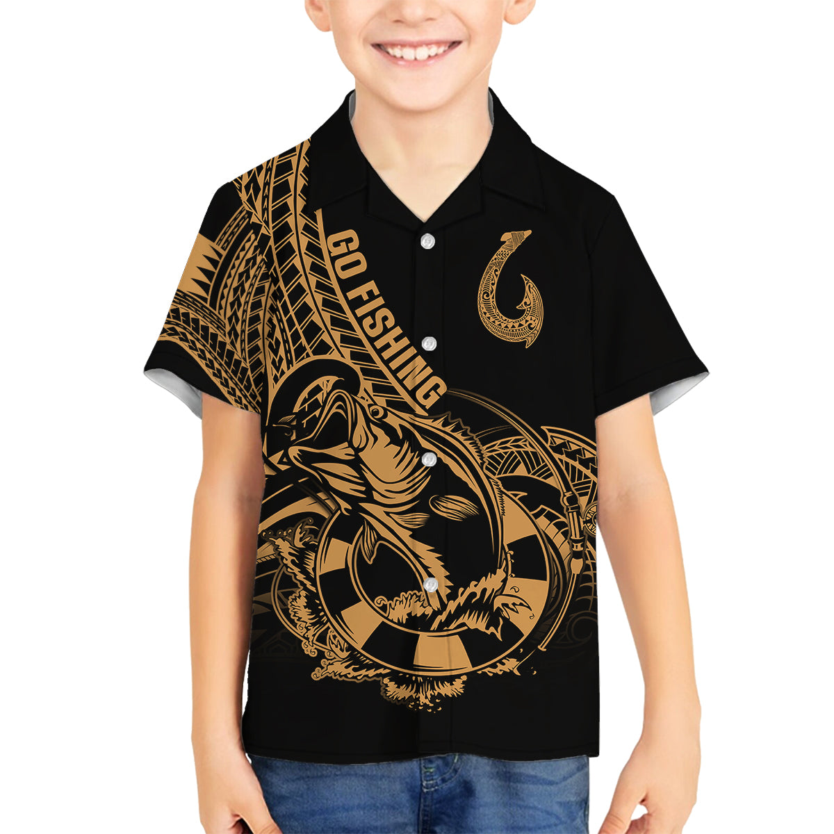 Polynesia Family Matching Summer Maxi Dress and Hawaiian Shirt Fish Hook Tattoo Go Fishing Polynesian Pattern Gold LT14 Son's Shirt Gold - Polynesian Pride