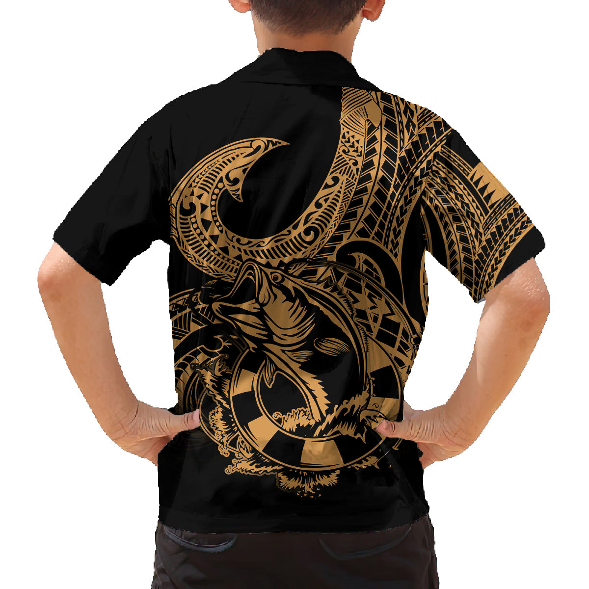 Polynesia Family Matching Tank Maxi Dress and Hawaiian Shirt Fish Hook Tattoo Go Fishing Polynesian Pattern Gold LT14 - Polynesian Pride