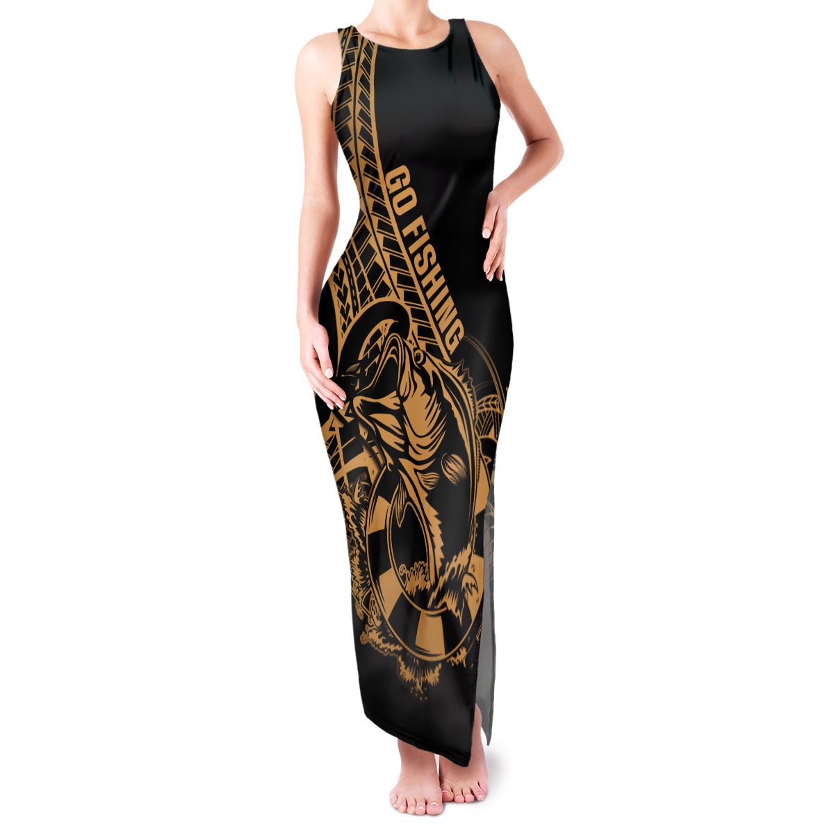 Polynesia Family Matching Tank Maxi Dress and Hawaiian Shirt Fish Hook Tattoo Go Fishing Polynesian Pattern Gold LT14 Mom's Dress Gold - Polynesian Pride