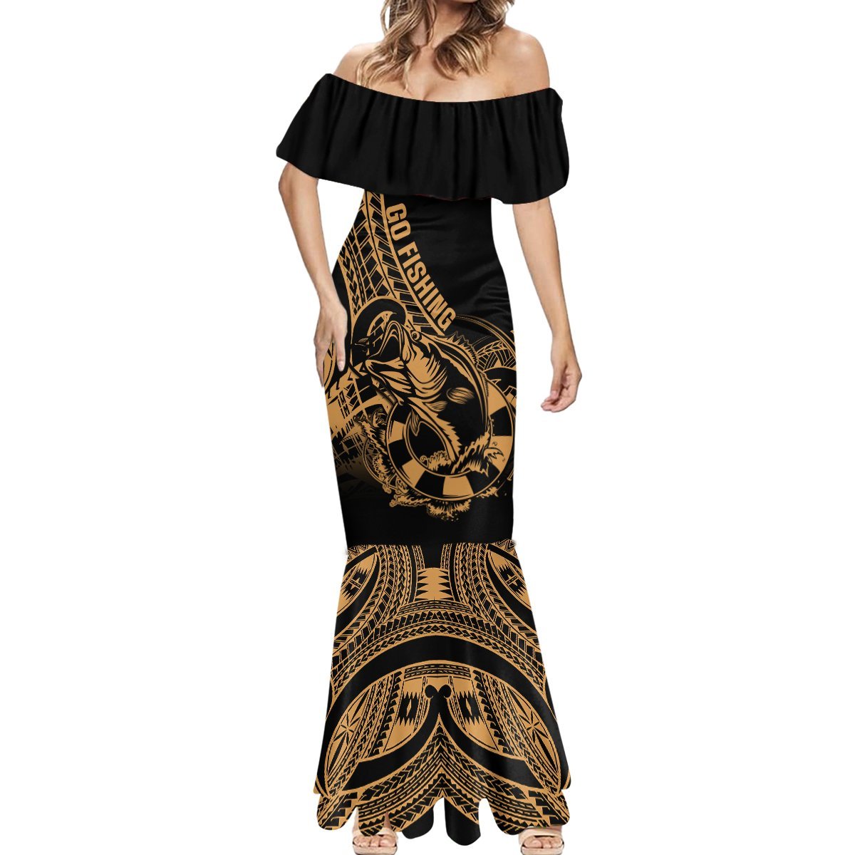 Polynesia Mermaid Dress Fish Hook Tattoo Go Fishing Polynesian Pattern Gold LT14 - Polynesian Pride