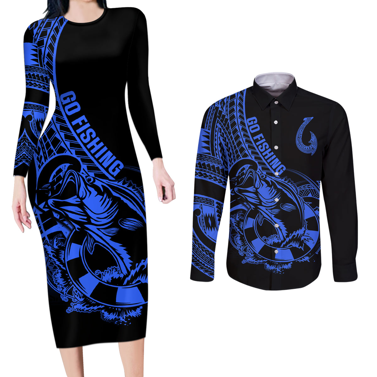 Polynesia Couples Matching Long Sleeve Bodycon Dress and Long Sleeve Button Shirts Fish Hook Tattoo Go Fishing Polynesian Pattern Blue LT14 Blue - Polynesian Pride