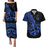 polynesia-couples-matching-puletasi-dress-and-hawaiian-shirt-fish-hook-tattoo-go-fishing-polynesian-pattern-blue