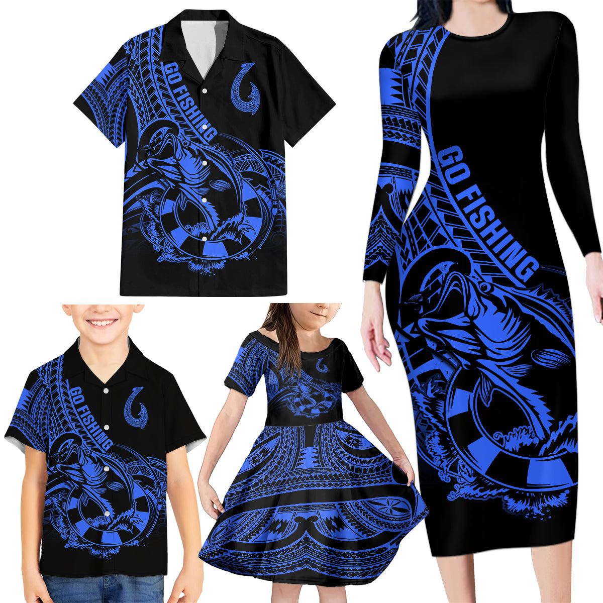 Polynesia Family Matching Long Sleeve Bodycon Dress and Hawaiian Shirt Fish Hook Tattoo Go Fishing Polynesian Pattern Blue LT14 - Polynesian Pride