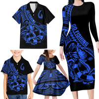 Polynesia Family Matching Long Sleeve Bodycon Dress and Hawaiian Shirt Fish Hook Tattoo Go Fishing Polynesian Pattern Blue LT14 - Polynesian Pride