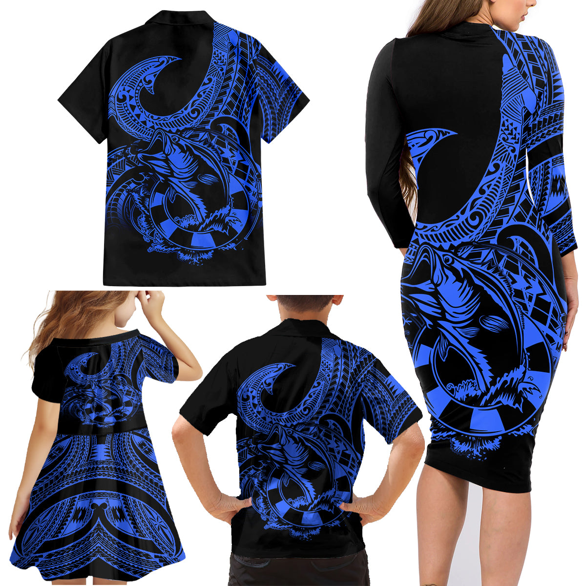 Polynesia Family Matching Long Sleeve Bodycon Dress and Hawaiian Shirt Fish Hook Tattoo Go Fishing Polynesian Pattern Blue LT14 - Polynesian Pride