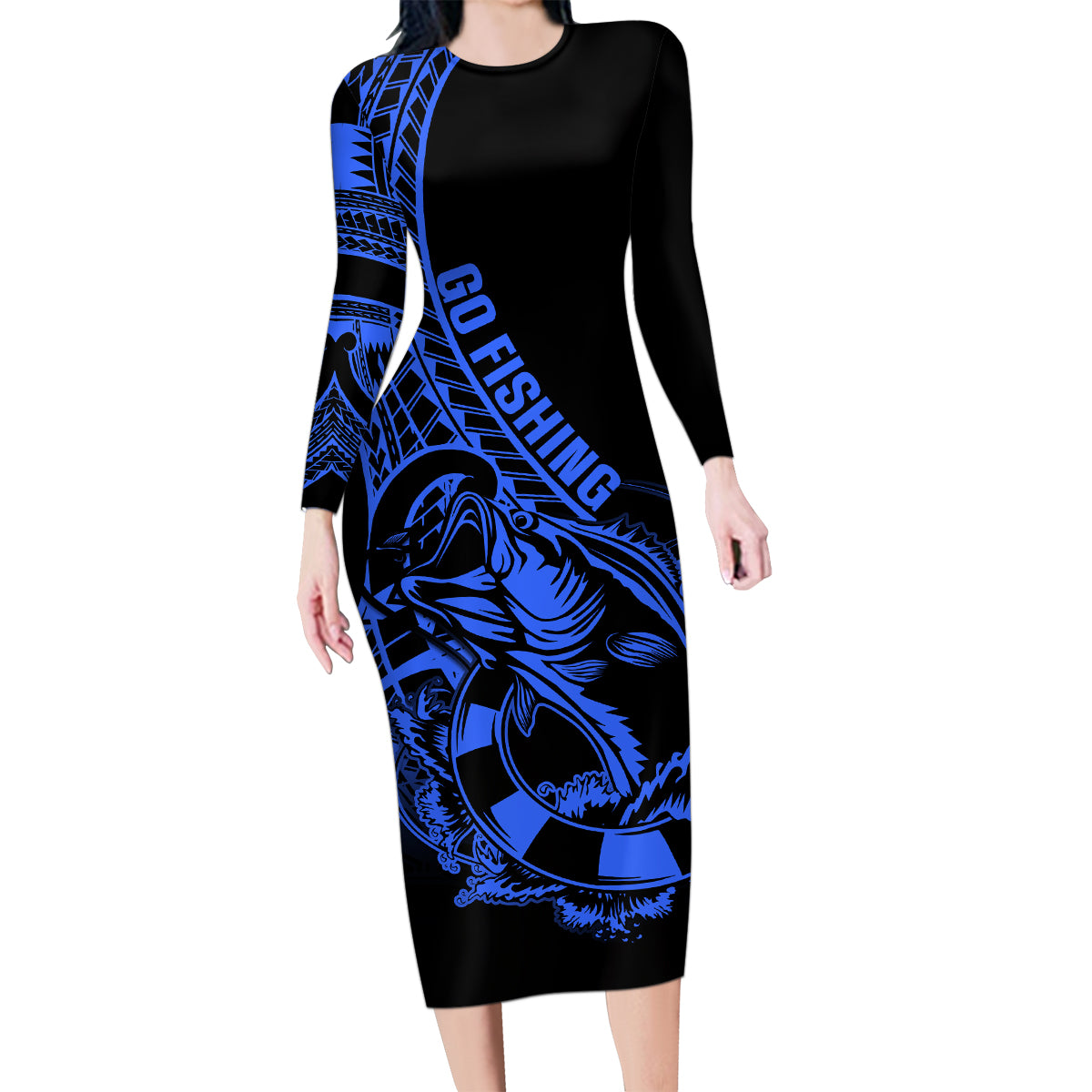Polynesia Family Matching Long Sleeve Bodycon Dress and Hawaiian Shirt Fish Hook Tattoo Go Fishing Polynesian Pattern Blue LT14 Mom's Dress Blue - Polynesian Pride