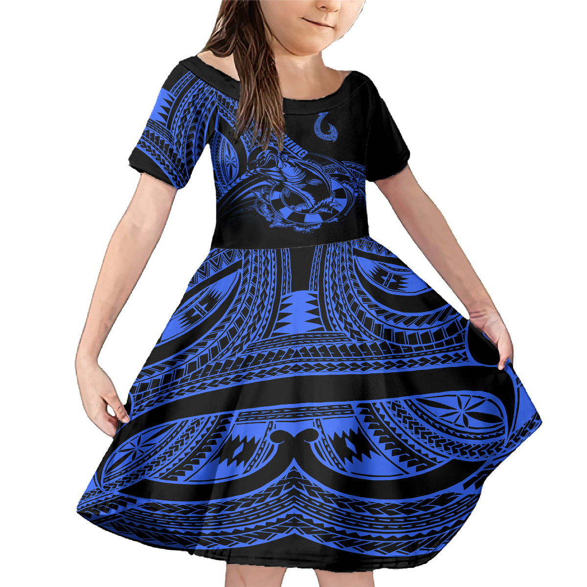 Polynesia Family Matching Mermaid Dress and Hawaiian Shirt Fish Hook Tattoo Go Fishing Polynesian Pattern Blue LT14 Daughter's Dress Blue - Polynesian Pride