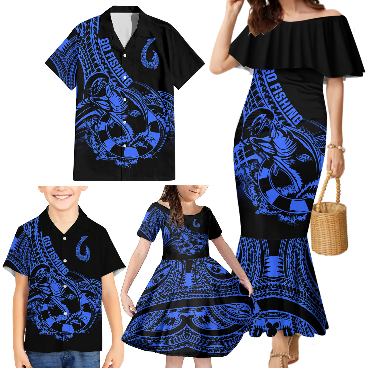 Polynesia Family Matching Mermaid Dress and Hawaiian Shirt Fish Hook Tattoo Go Fishing Polynesian Pattern Blue LT14 - Polynesian Pride
