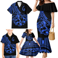 Polynesia Family Matching Mermaid Dress and Hawaiian Shirt Fish Hook Tattoo Go Fishing Polynesian Pattern Blue LT14 - Polynesian Pride