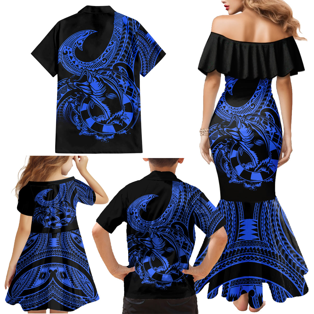 Polynesia Family Matching Mermaid Dress and Hawaiian Shirt Fish Hook Tattoo Go Fishing Polynesian Pattern Blue LT14 - Polynesian Pride