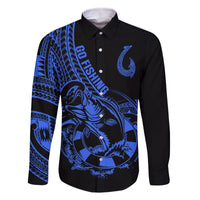 Polynesia Family Matching Mermaid Dress and Hawaiian Shirt Fish Hook Tattoo Go Fishing Polynesian Pattern Blue LT14 Dad's Shirt - Long Sleeve Blue - Polynesian Pride