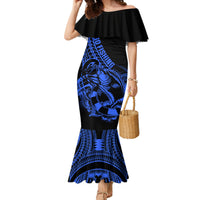 Polynesia Family Matching Mermaid Dress and Hawaiian Shirt Fish Hook Tattoo Go Fishing Polynesian Pattern Blue LT14 Mom's Dress Blue - Polynesian Pride