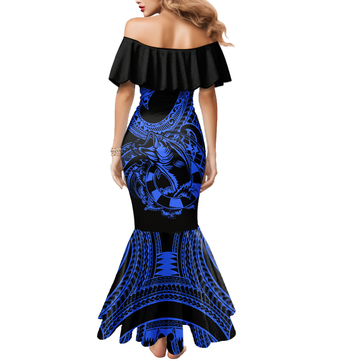 Polynesia Family Matching Mermaid Dress and Hawaiian Shirt Fish Hook Tattoo Go Fishing Polynesian Pattern Blue LT14 - Polynesian Pride