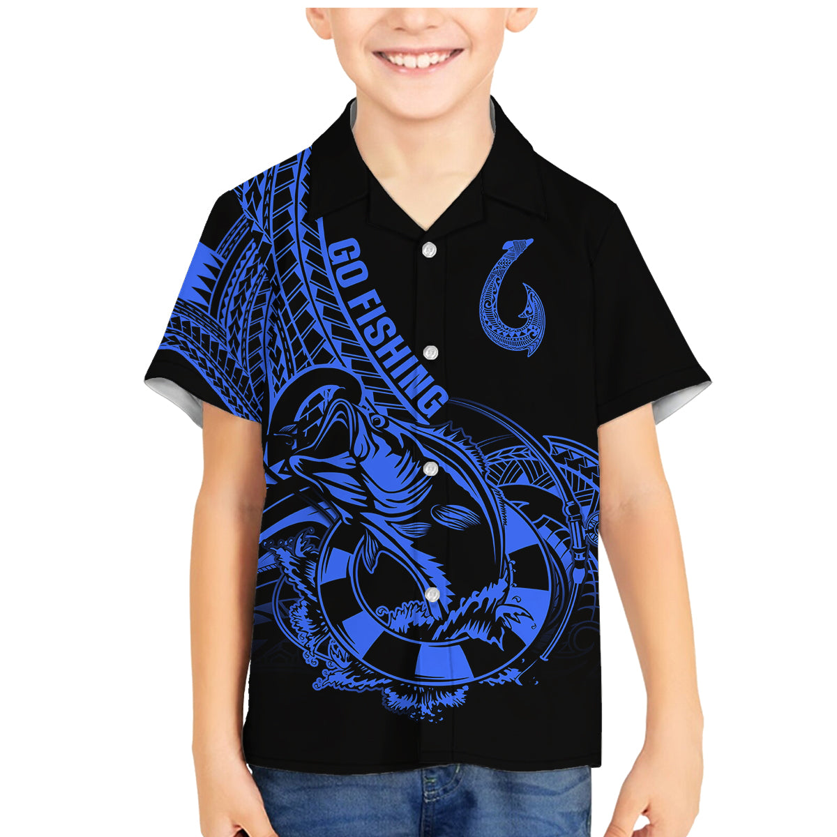 Polynesia Family Matching Mermaid Dress and Hawaiian Shirt Fish Hook Tattoo Go Fishing Polynesian Pattern Blue LT14 Son's Shirt Blue - Polynesian Pride