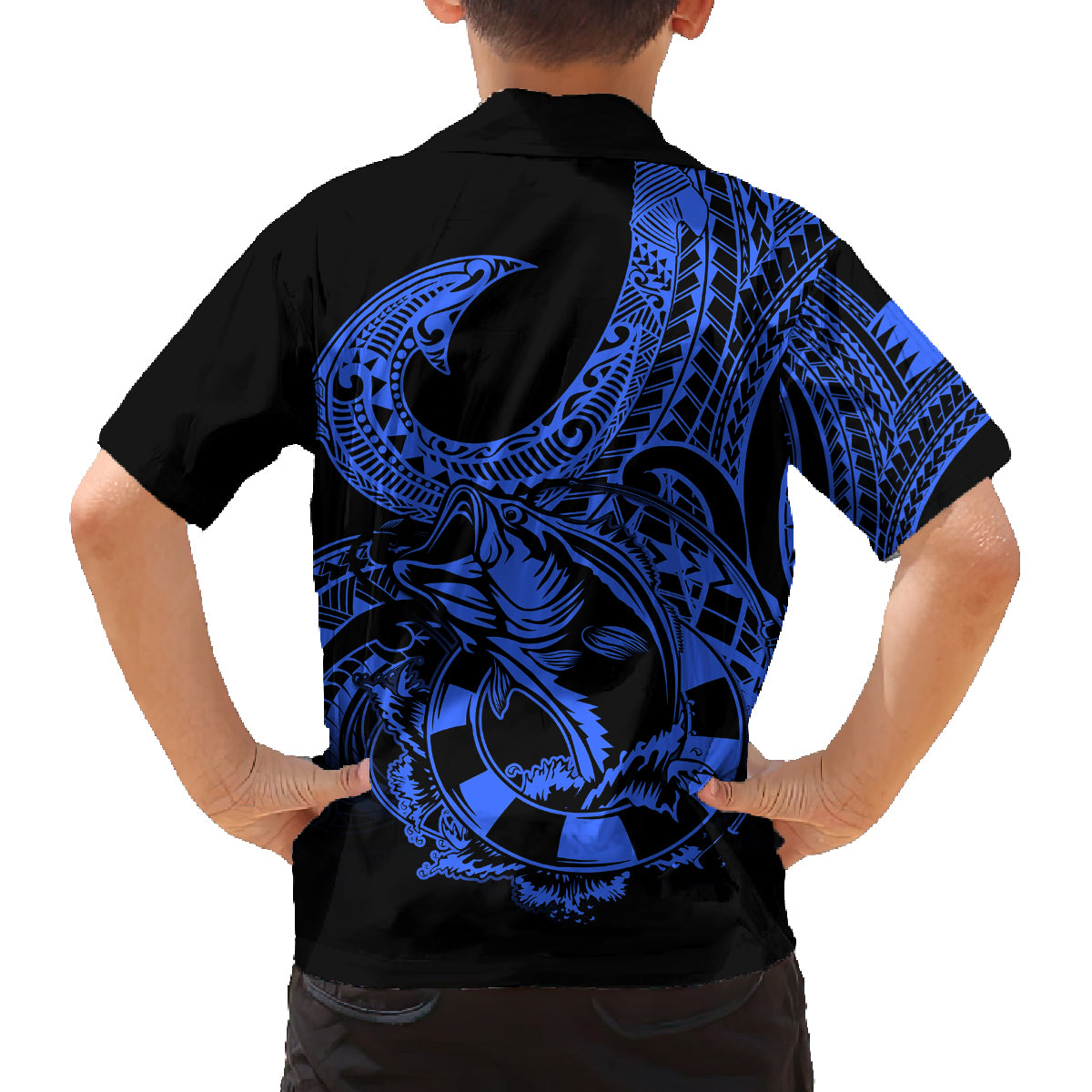 Polynesia Family Matching Off Shoulder Long Sleeve Dress and Hawaiian Shirt Fish Hook Tattoo Go Fishing Polynesian Pattern Blue LT14 - Polynesian Pride