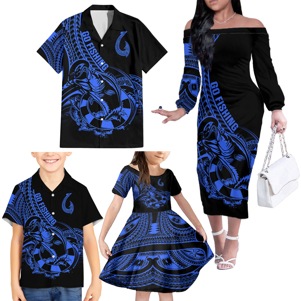 Polynesia Family Matching Off Shoulder Long Sleeve Dress and Hawaiian Shirt Fish Hook Tattoo Go Fishing Polynesian Pattern Blue LT14 - Polynesian Pride