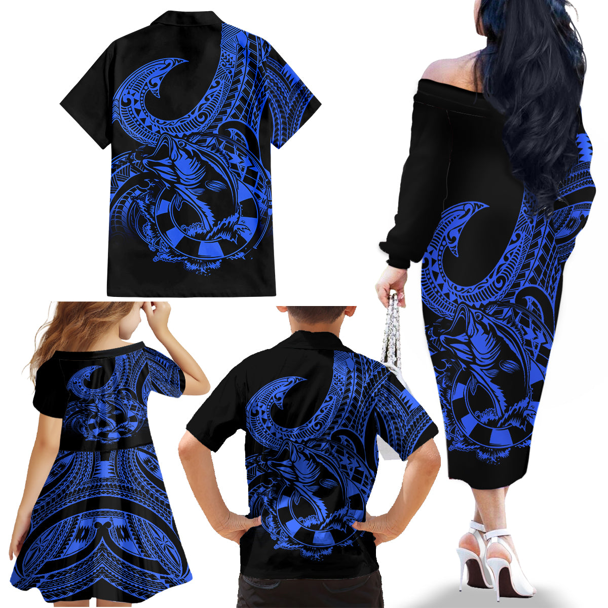 Polynesia Family Matching Off Shoulder Long Sleeve Dress and Hawaiian Shirt Fish Hook Tattoo Go Fishing Polynesian Pattern Blue LT14 - Polynesian Pride