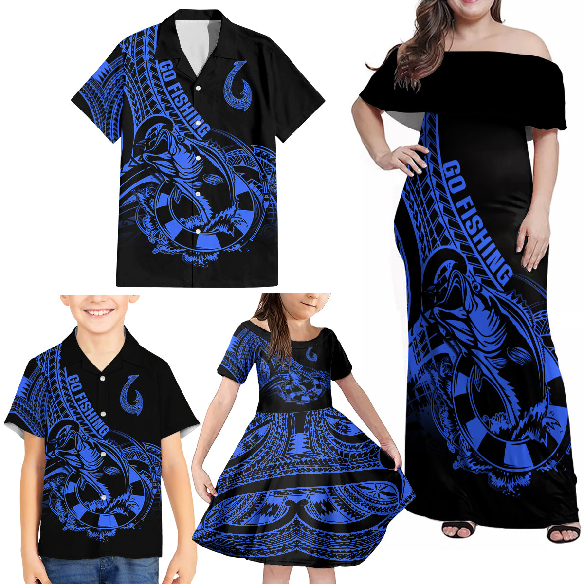 Polynesia Family Matching Off Shoulder Maxi Dress and Hawaiian Shirt Fish Hook Tattoo Go Fishing Polynesian Pattern Blue LT14 - Polynesian Pride