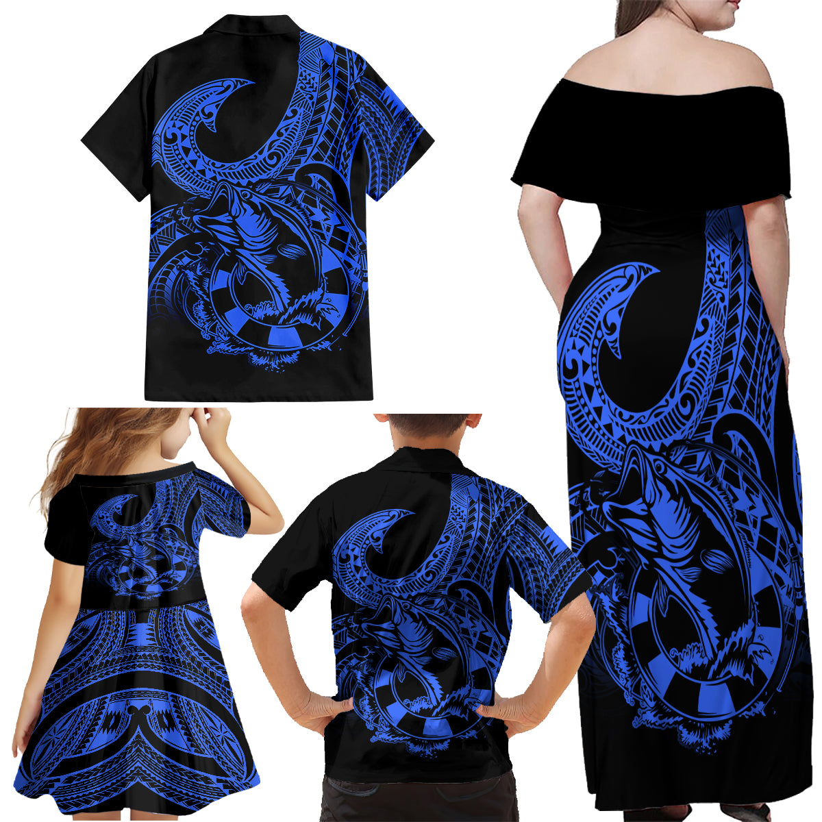 Polynesia Family Matching Off Shoulder Maxi Dress and Hawaiian Shirt Fish Hook Tattoo Go Fishing Polynesian Pattern Blue LT14 - Polynesian Pride
