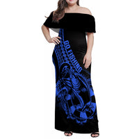 Polynesia Family Matching Off Shoulder Maxi Dress and Hawaiian Shirt Fish Hook Tattoo Go Fishing Polynesian Pattern Blue LT14 Mom's Dress Blue - Polynesian Pride