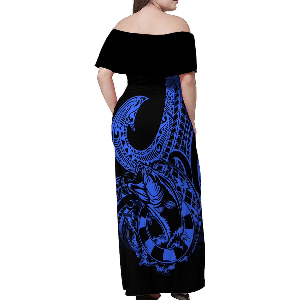 Polynesia Family Matching Off Shoulder Maxi Dress and Hawaiian Shirt Fish Hook Tattoo Go Fishing Polynesian Pattern Blue LT14 - Polynesian Pride