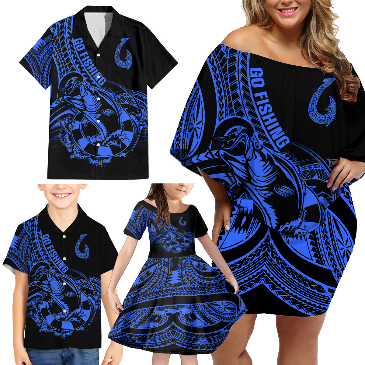 Polynesia Family Matching Off Shoulder Short Dress and Hawaiian Shirt Fish Hook Tattoo Go Fishing Polynesian Pattern Blue LT14 - Polynesian Pride