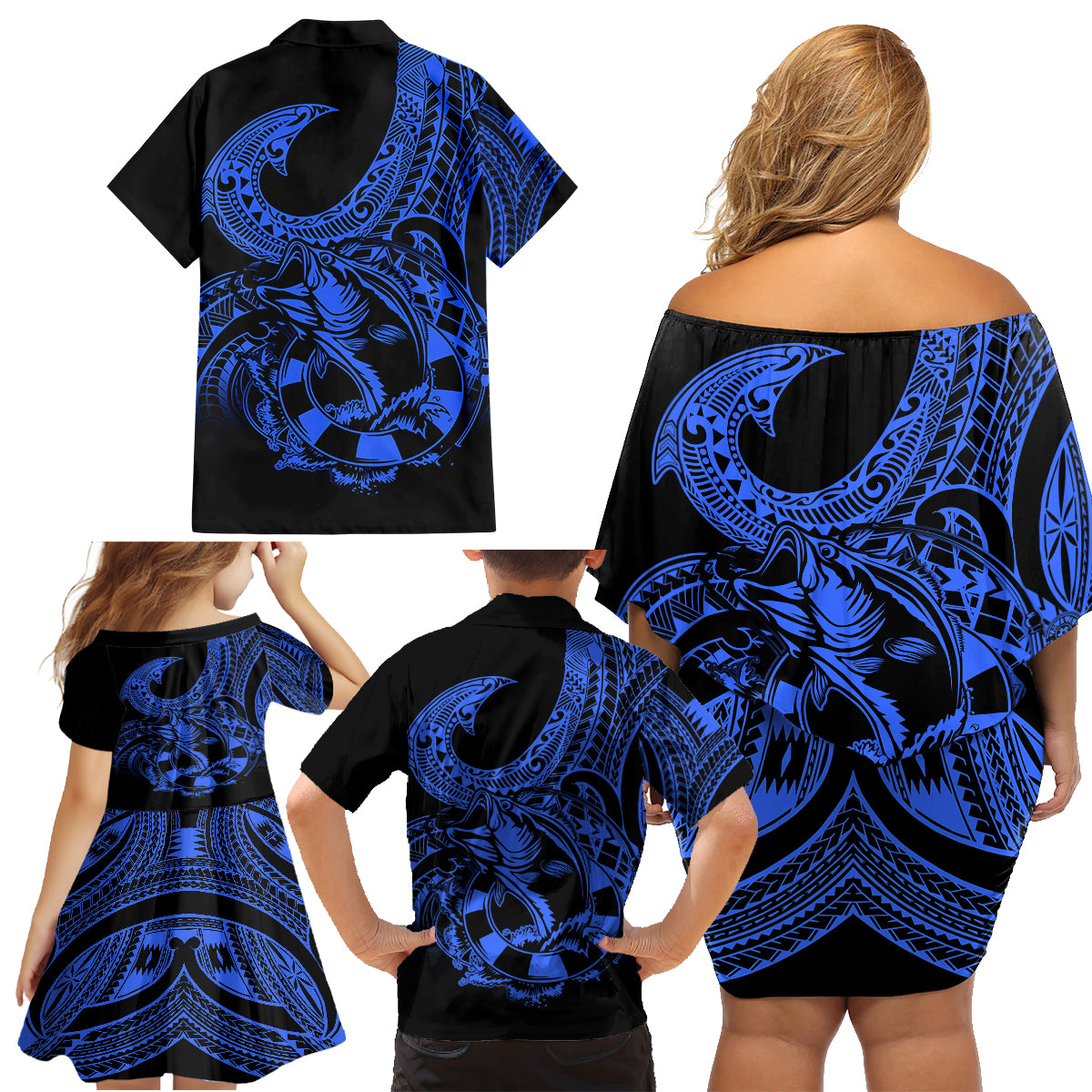 Polynesia Family Matching Off Shoulder Short Dress and Hawaiian Shirt Fish Hook Tattoo Go Fishing Polynesian Pattern Blue LT14 - Polynesian Pride