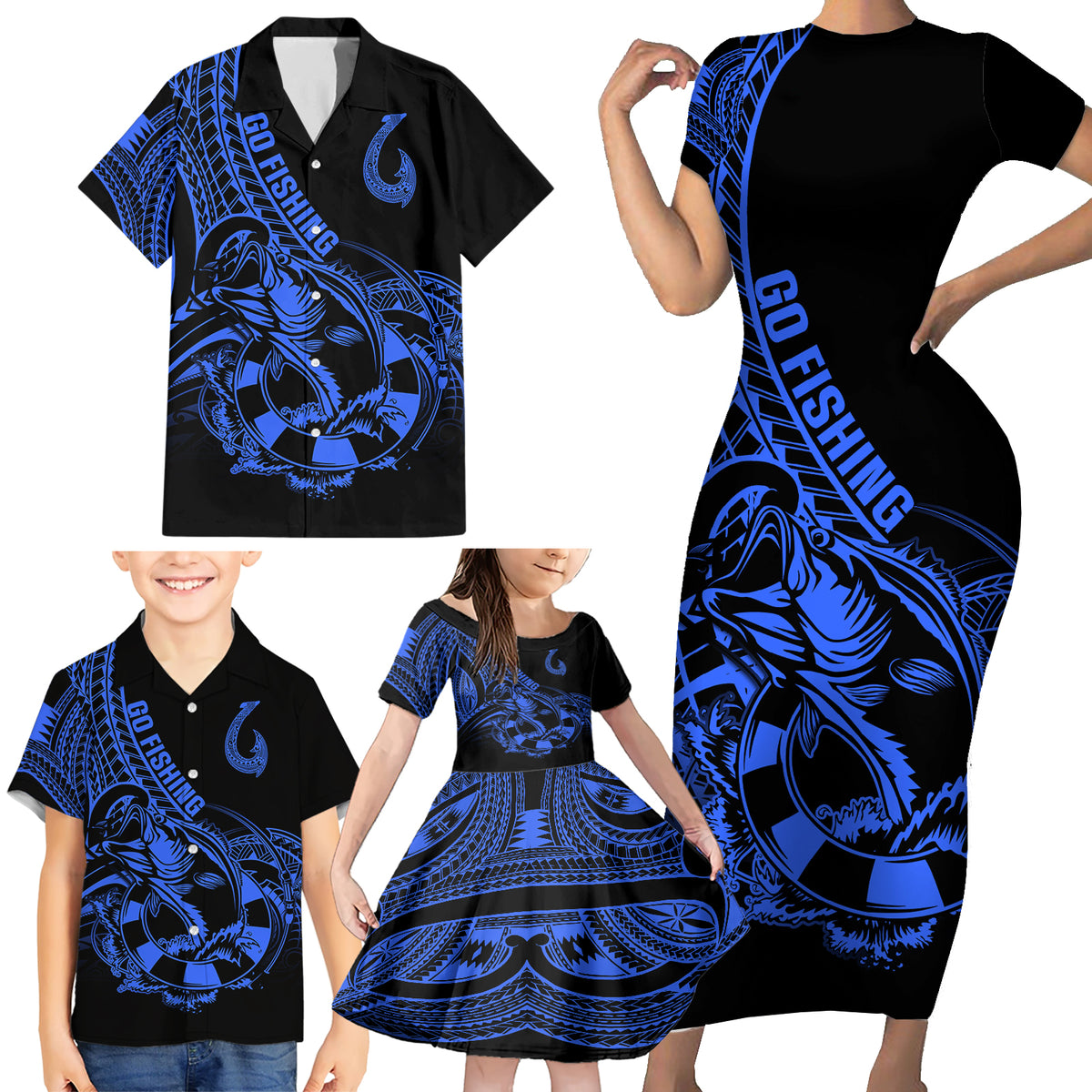 Polynesia Family Matching Short Sleeve Bodycon Dress and Hawaiian Shirt Fish Hook Tattoo Go Fishing Polynesian Pattern Blue LT14 - Polynesian Pride