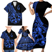 Polynesia Family Matching Short Sleeve Bodycon Dress and Hawaiian Shirt Fish Hook Tattoo Go Fishing Polynesian Pattern Blue LT14 - Polynesian Pride