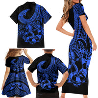 Polynesia Family Matching Short Sleeve Bodycon Dress and Hawaiian Shirt Fish Hook Tattoo Go Fishing Polynesian Pattern Blue LT14 - Polynesian Pride