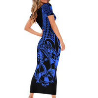 Polynesia Family Matching Short Sleeve Bodycon Dress and Hawaiian Shirt Fish Hook Tattoo Go Fishing Polynesian Pattern Blue LT14 - Polynesian Pride