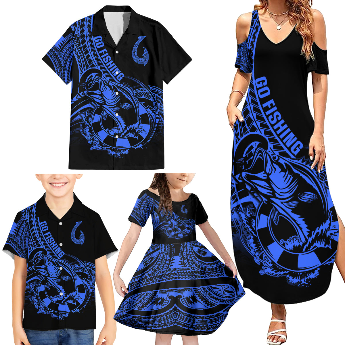 Polynesia Family Matching Summer Maxi Dress and Hawaiian Shirt Fish Hook Tattoo Go Fishing Polynesian Pattern Blue LT14 - Polynesian Pride