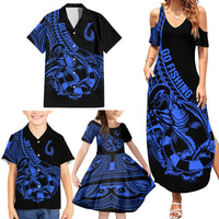 Polynesia Family Matching Summer Maxi Dress and Hawaiian Shirt Fish Hook Tattoo Go Fishing Polynesian Pattern Blue LT14 - Polynesian Pride