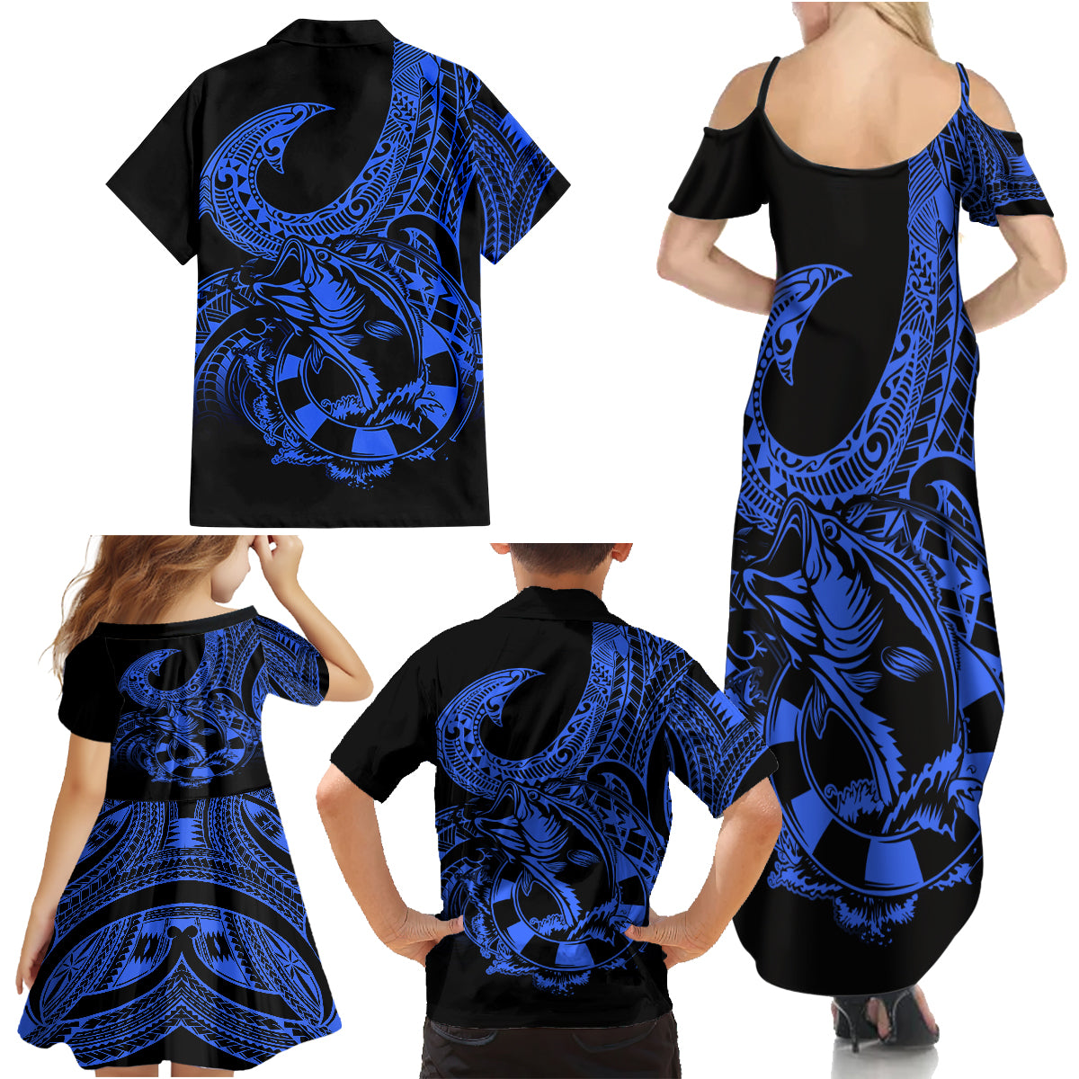 Polynesia Family Matching Summer Maxi Dress and Hawaiian Shirt Fish Hook Tattoo Go Fishing Polynesian Pattern Blue LT14 - Polynesian Pride