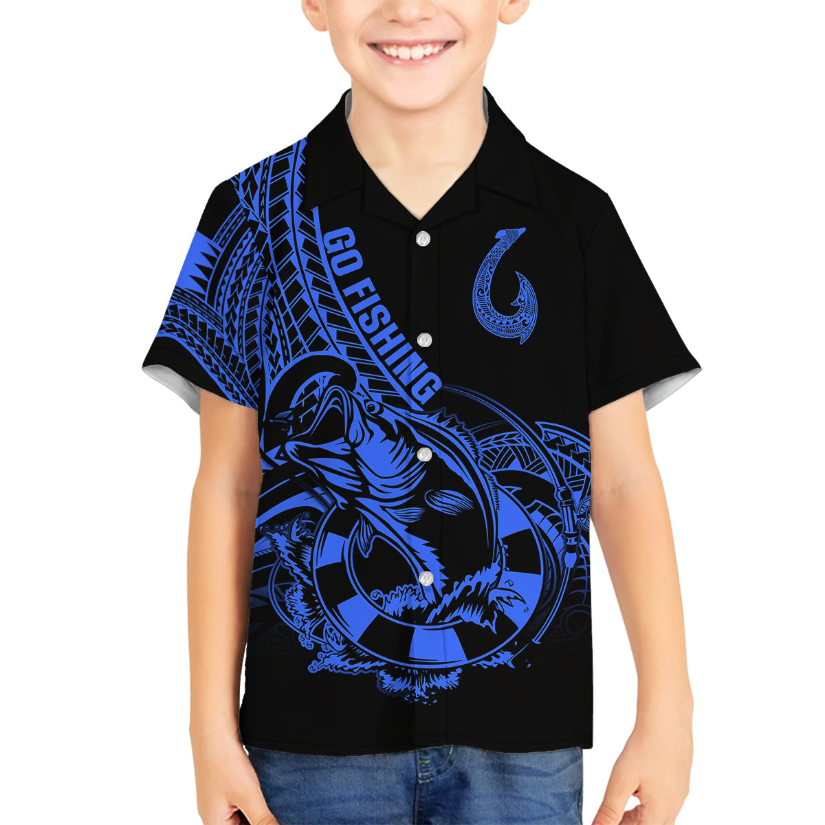 Polynesia Family Matching Summer Maxi Dress and Hawaiian Shirt Fish Hook Tattoo Go Fishing Polynesian Pattern Blue LT14 Son's Shirt Blue - Polynesian Pride