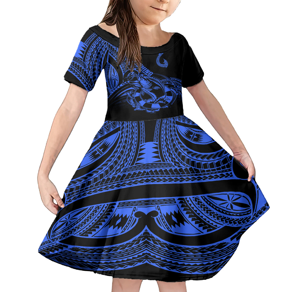 Polynesia Kid Short Sleeve Dress Fish Hook Tattoo Go Fishing Polynesian Pattern Blue LT14 KID Blue - Polynesian Pride