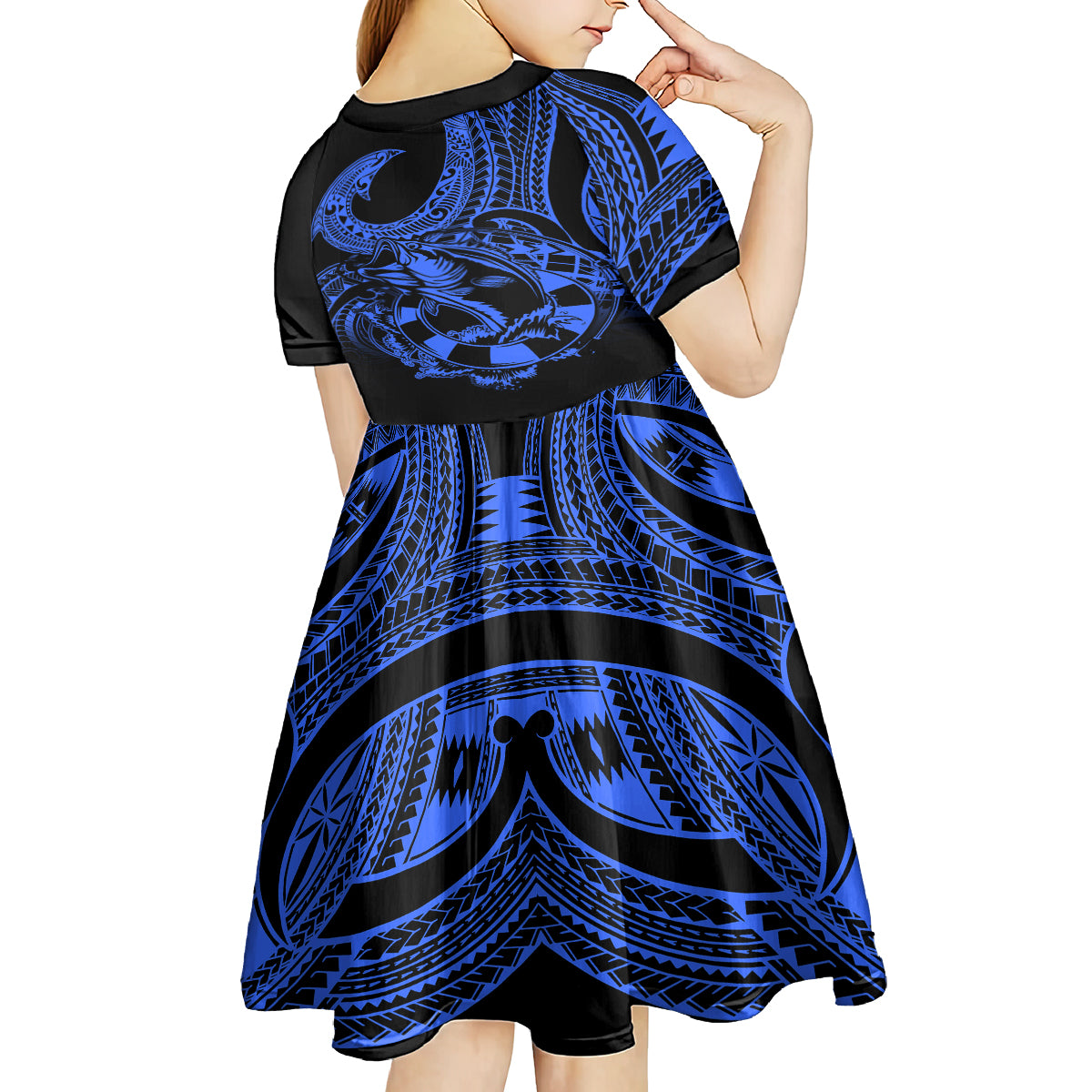 Polynesia Kid Short Sleeve Dress Fish Hook Tattoo Go Fishing Polynesian Pattern Blue LT14 - Polynesian Pride
