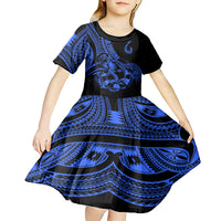 Polynesia Kid Short Sleeve Dress Fish Hook Tattoo Go Fishing Polynesian Pattern Blue LT14 - Polynesian Pride