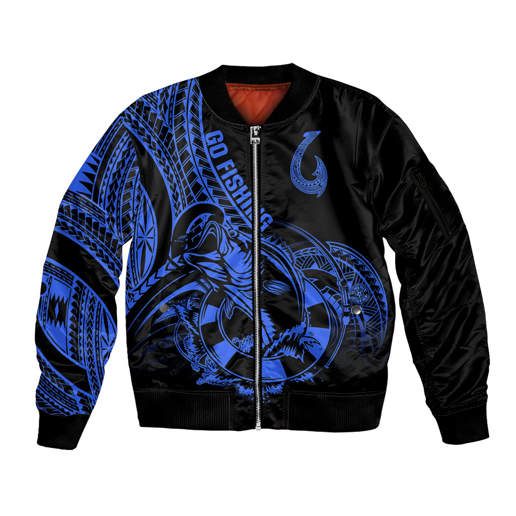 Polynesia Sleeve Zip Bomber Jacket Fish Hook Tattoo Go Fishing Polynesian Pattern Blue LT14 Unisex Blue - Polynesian Pride