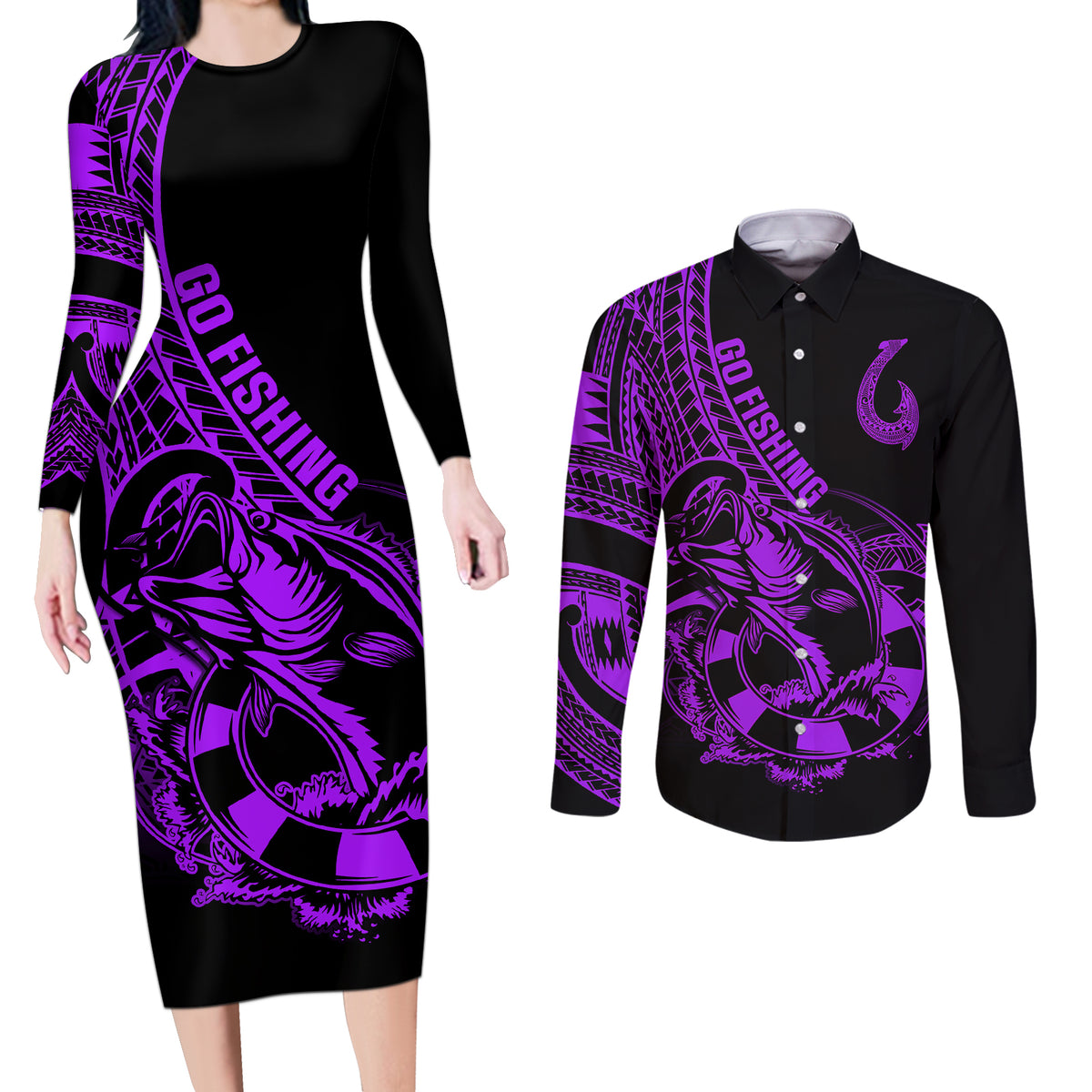 Polynesia Couples Matching Long Sleeve Bodycon Dress and Long Sleeve Button Shirts Fish Hook Tattoo Go Fishing Polynesian Pattern Purple LT14 Purple - Polynesian Pride