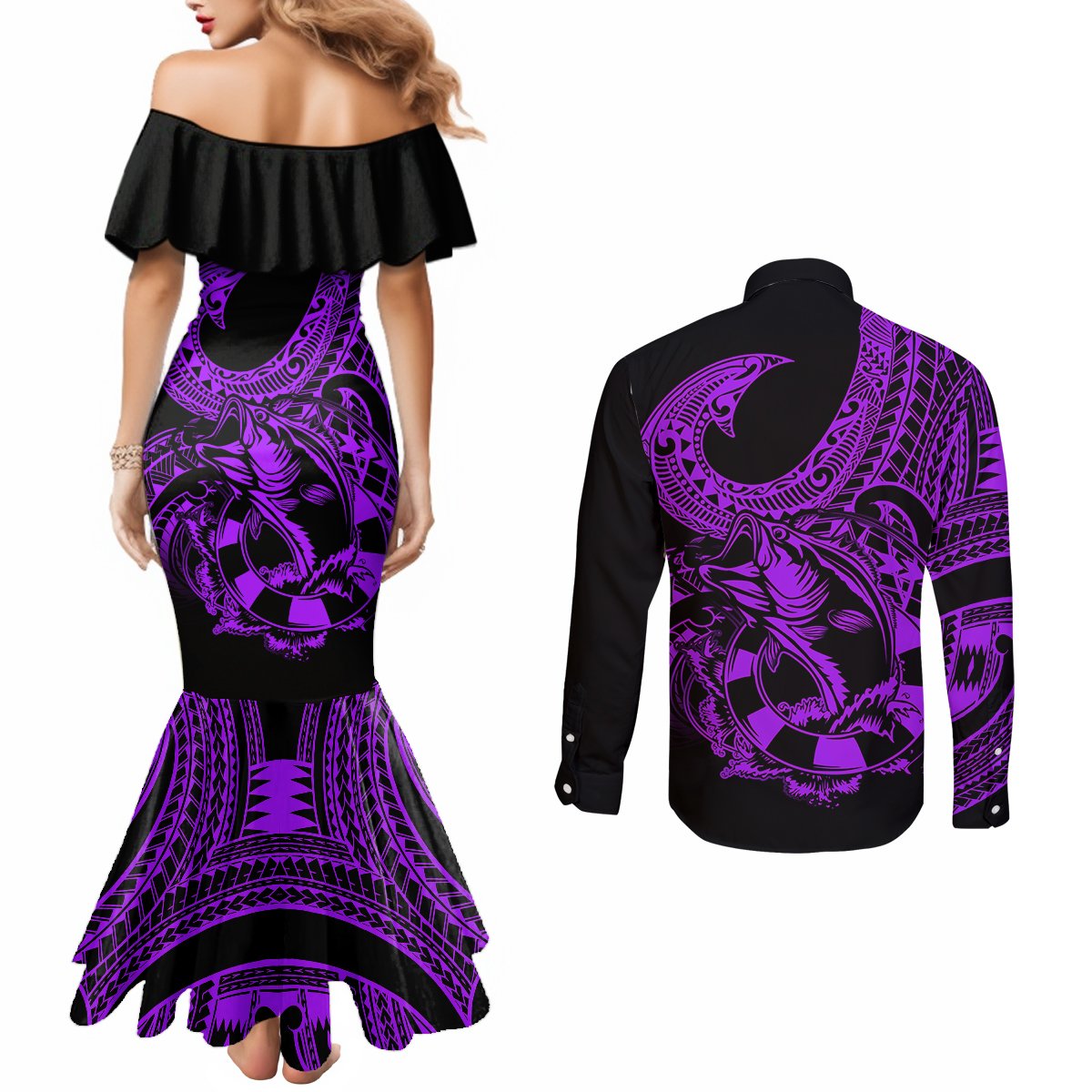 polynesia-couples-matching-mermaid-dress-and-long-sleeve-button-shirts-fish-hook-tattoo-go-fishing-polynesian-pattern-purple