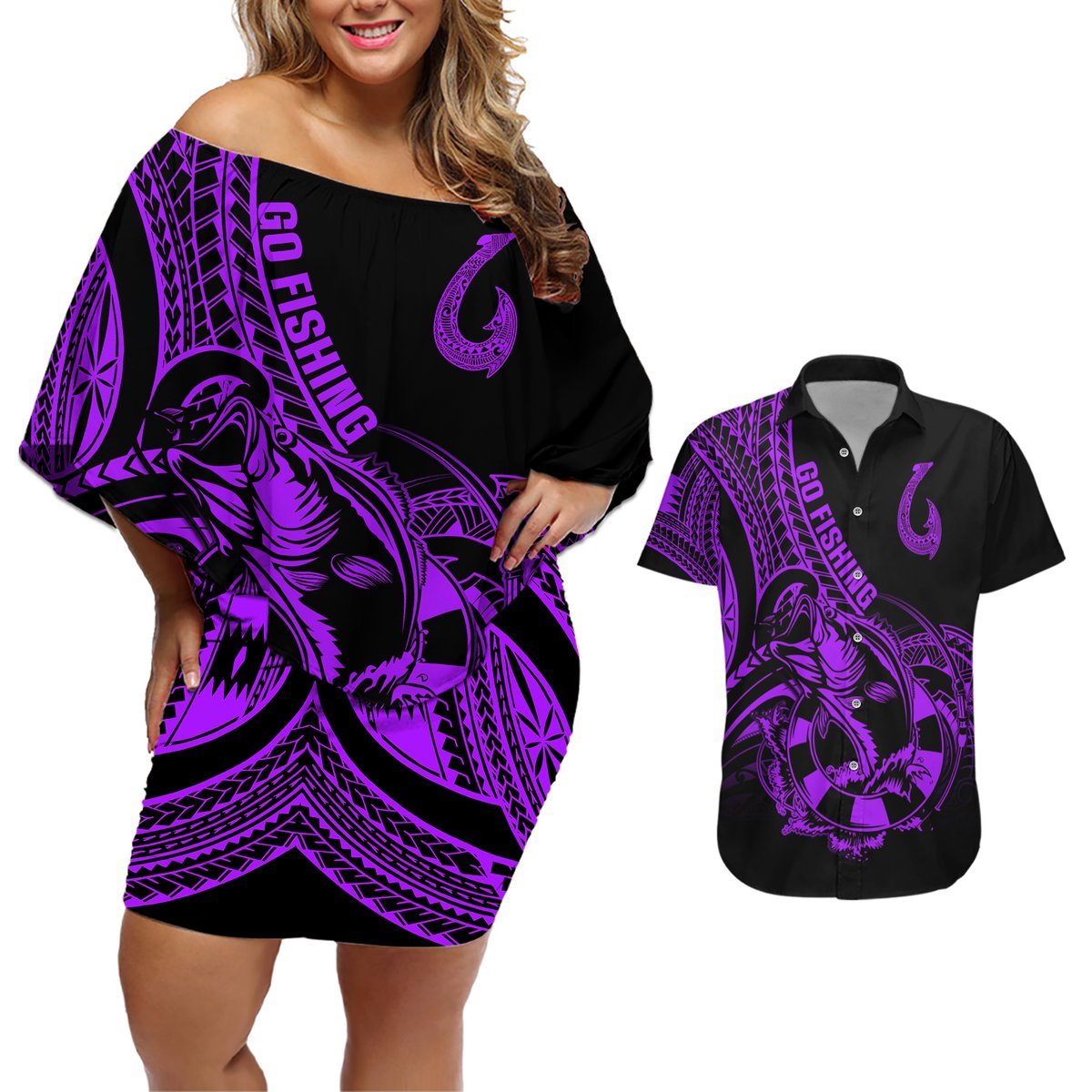 Polynesia Couples Matching Off Shoulder Short Dress and Hawaiian Shirt Fish Hook Tattoo Go Fishing Polynesian Pattern Purple LT14 Purple - Polynesian Pride