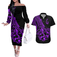 Polynesia Couples Matching Off The Shoulder Long Sleeve Dress and Hawaiian Shirt Fish Hook Tattoo Go Fishing Polynesian Pattern Purple LT14 Purple - Polynesian Pride