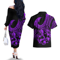 Polynesia Couples Matching Off The Shoulder Long Sleeve Dress and Hawaiian Shirt Fish Hook Tattoo Go Fishing Polynesian Pattern Purple LT14 - Polynesian Pride