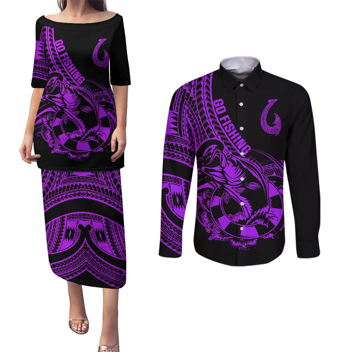 Polynesia Couples Matching Puletasi Dress and Long Sleeve Button Shirts Fish Hook Tattoo Go Fishing Polynesian Pattern Purple LT14 Purple - Polynesian Pride