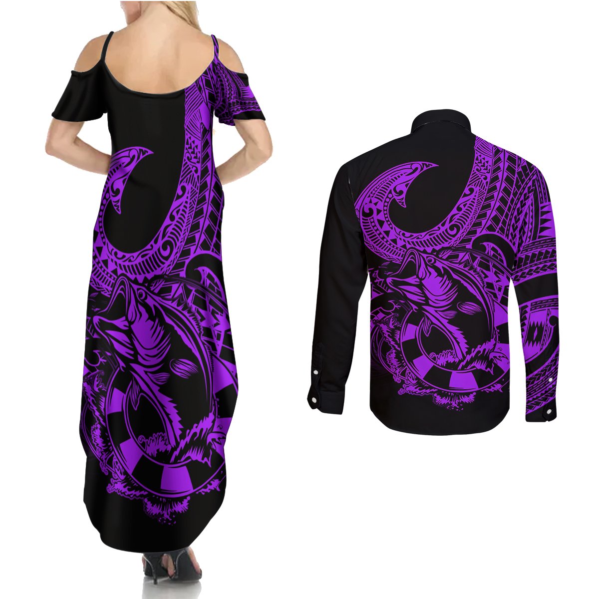 polynesia-couples-matching-summer-maxi-dress-and-long-sleeve-button-shirts-fish-hook-tattoo-go-fishing-polynesian-pattern-purple