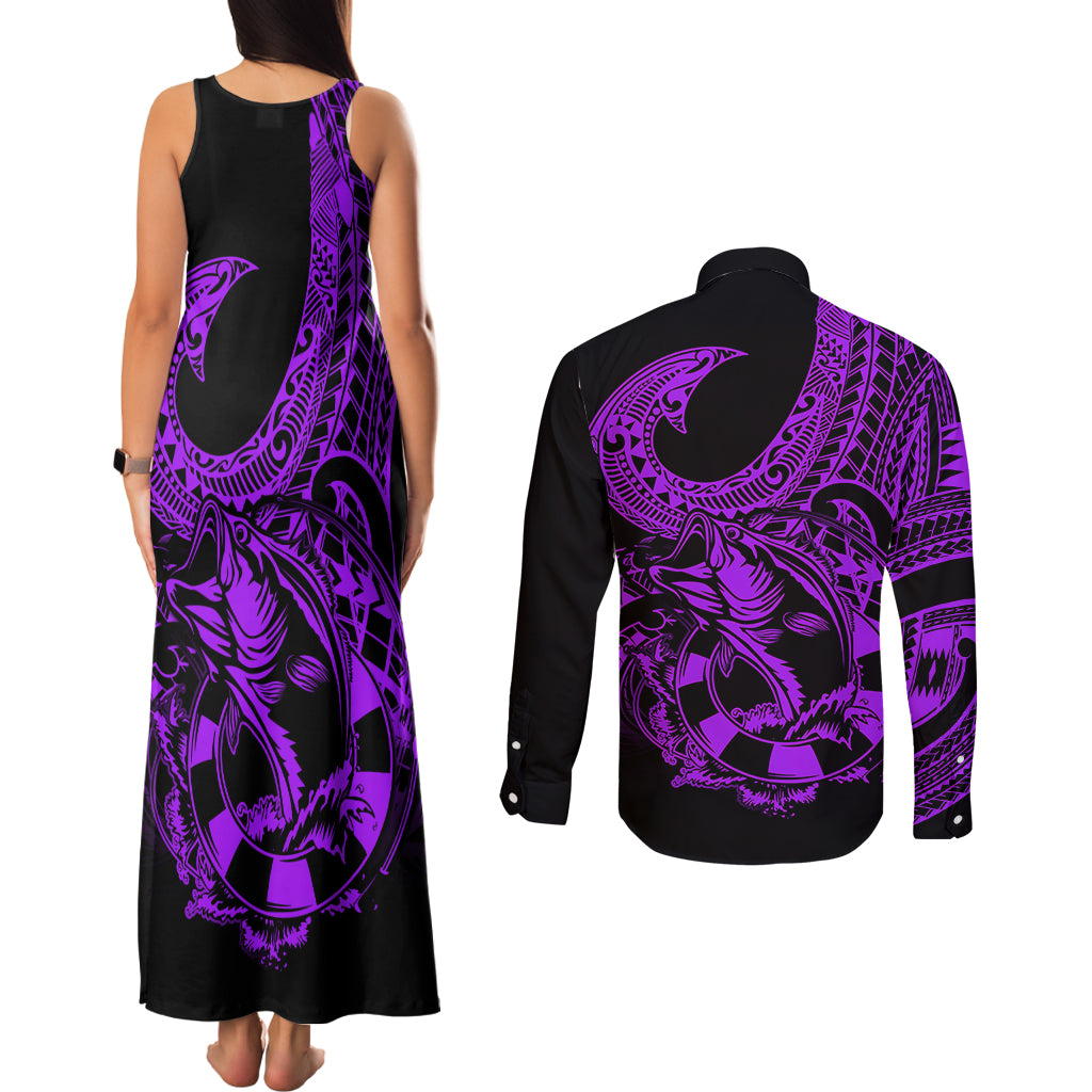 polynesia-couples-matching-tank-maxi-dress-and-long-sleeve-button-shirts-fish-hook-tattoo-go-fishing-polynesian-pattern-purple