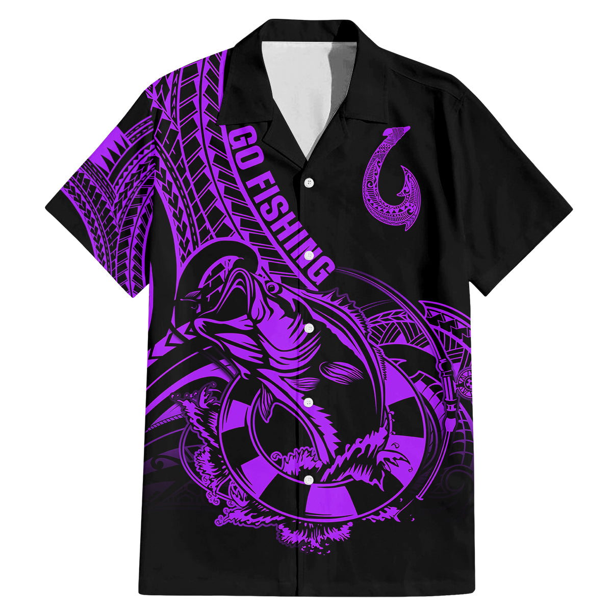 Polynesia Family Matching Mermaid Dress and Hawaiian Shirt Fish Hook Tattoo Go Fishing Polynesian Pattern Purple LT14 Dad's Shirt - Short Sleeve Purple - Polynesian Pride