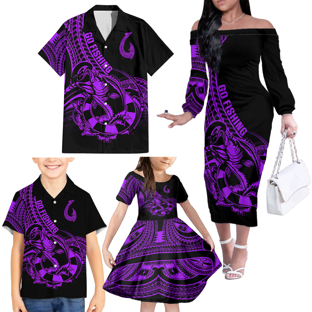 Polynesia Family Matching Off Shoulder Long Sleeve Dress and Hawaiian Shirt Fish Hook Tattoo Go Fishing Polynesian Pattern Purple LT14 - Polynesian Pride