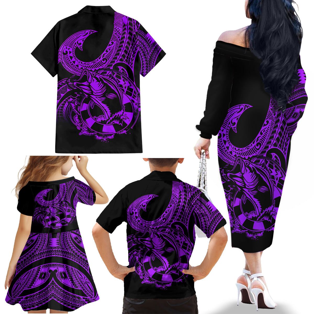 Polynesia Family Matching Off Shoulder Long Sleeve Dress and Hawaiian Shirt Fish Hook Tattoo Go Fishing Polynesian Pattern Purple LT14 - Polynesian Pride